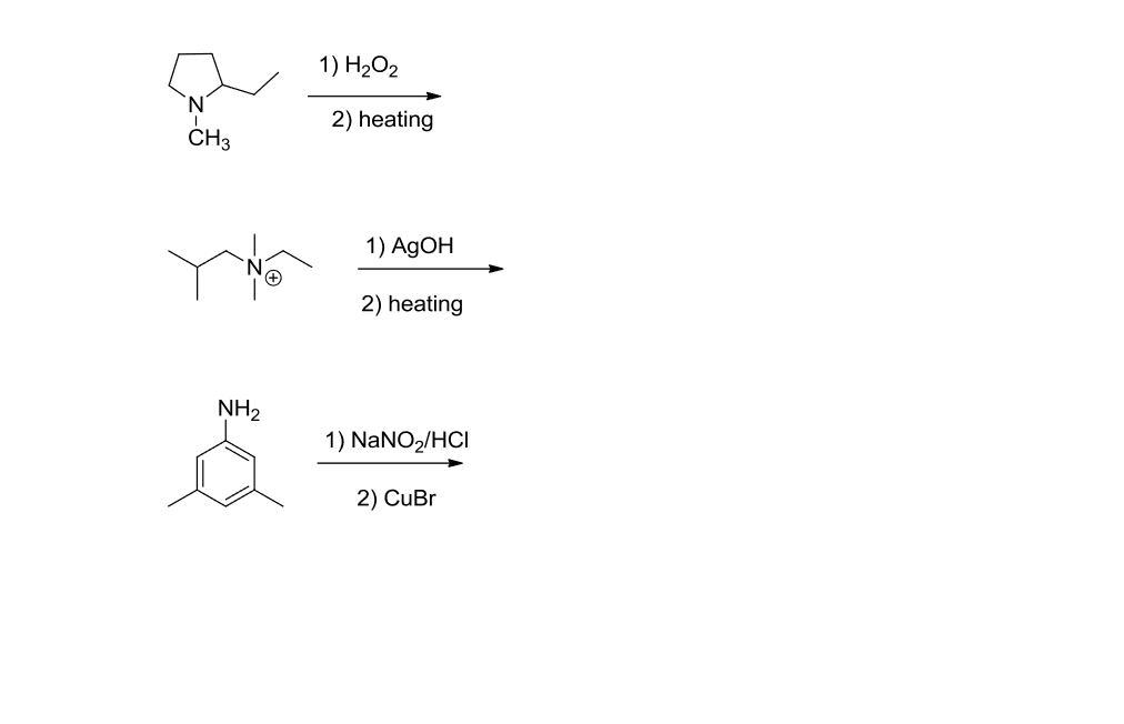 1) H2O2
2) heating
ČH3
1) AGOH
2) heating
NH2
1) NANO2/HCI
2) CuBr
