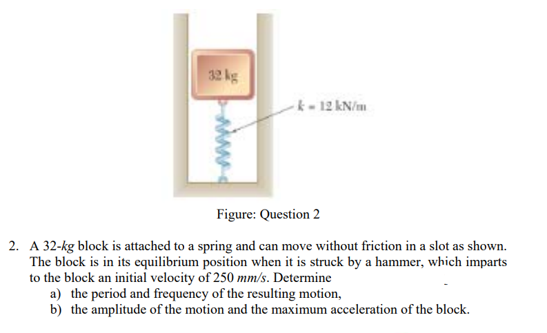 32 kg
k- 12 kN/m
Figure: Question 2
2. A 32-kg block is attached to a spring and can move without friction in a slot as shown.
The block is in its equilibrium position when it is struck by a hammer, which imparts
to the block an initial velocity of 250 mm/s. Determine
a) the period and frequency of the resulting motion,
b) the amplitude of the motion and the maximum acceleration of the block.
