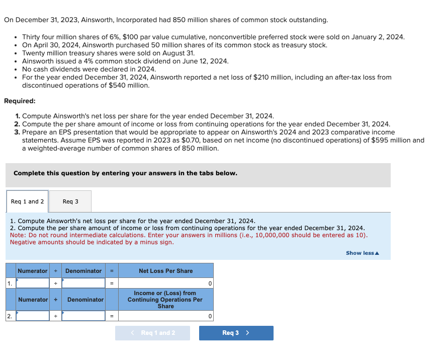 On December 31, 2023, Ainsworth, Incorporated had 850 million shares of common stock outstanding.
• Thirty four million shares of 6%, $100 par value cumulative, nonconvertible preferred stock were sold on January 2, 2024.
On April 30, 2024, Ainsworth purchased 50 million shares of its common stock as treasury stock.
• Twenty million treasury shares were sold on August 31.
• Ainsworth issued a 4% common stock dividend on June 12, 2024.
Required:
1. Compute Ainsworth's net loss per share for the year ended December 31, 2024.
2. Compute the per share amount of income or loss from continuing operations for the year ended December 31, 2024.
3. Prepare an EPS presentation that would be appropriate to appear on Ainsworth's 2024 and 2023 comparative income
statements. Assume EPS was reported in 2023 as $0.70, based on net income (no discontinued operations) of $595 million and
a weighted-average number of common shares of 850 million.
• No cash dividends were declared in 2024.
• For the year ended December 31, 2024, Ainsworth reported a net loss of $210 million, including an after-tax loss from
discontinued operations of $540 million.
Req 1 and 2
1.
Complete this question by entering your answers in the tabs below.
2.
1. Compute Ainsworth's net loss per share for the year ended December 31, 2024.
2. Compute the per share amount of income or loss from continuing operations for the year ended December 31, 2024.
Note: Do not round intermediate calculations. Enter your answers in millions (i.e., 10,000,000 should be entered as 10).
Negative amounts should be indicated by a minus sign.
Numerator
Req 3
Numerator +
Denominator
Denominator
Net Loss Per Share
Income or (Loss) from
Continuing Operations Per
Share
< Req 1 and 2
Req 3 >
Show less