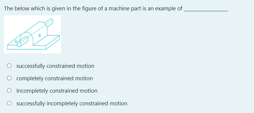 The below which is given in the figure of a machine part is an example of
O successfully constrained motion
O completely constrained motion
O Incompletely constrained motion
O successfully incompletely constrained motion
