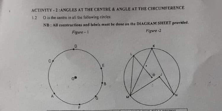 ACTIVITY - 2 :ANGLES AT THE CENTRE & ANGLE AT THE CIRCUMFERENCE
12 O is the centre in all the following circles:
NB: All constructions and tabels must be done on the DIAGRAM SHEET provided.
Figure - I
Figure -2
B
