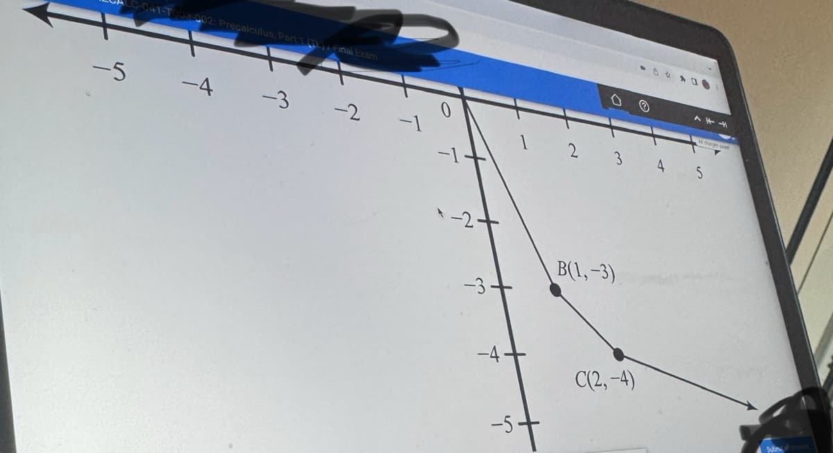 -5
C-041-T003-002: Precalculus, Part 1 (TL) Final Exam
-4 -3
-2
-2-
-3
-4.
-5-
2
O
3
B(1,-3)
C(2,-4)
@
4
744
16 change ave
5
Subm