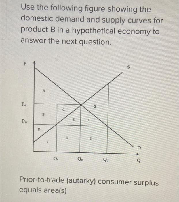 Use the following figure showing the
domestic demand and supply curves for
product B in a hypothetical economy to
answer the next question.
P
Pe
Pw
D
A
B
O.
C
H
A
Pe
F
G
Qa
S
D
Prior-to-trade (autarky) consumer surplus
equals area(s)
