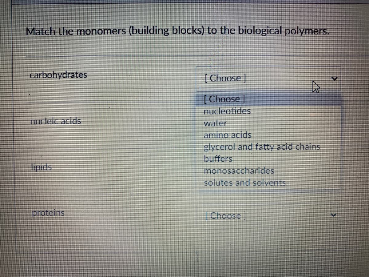 Match the monomers (building blocks) to the biological polymers.
carbohydrates
[Choose ]
[Choose ]
nucleotides
nucleic acids
water
amino acids
glycerol and fatty acid chains
buffers
monosaccharides
solutes and solvents
lipids
proteins
[Choose]
