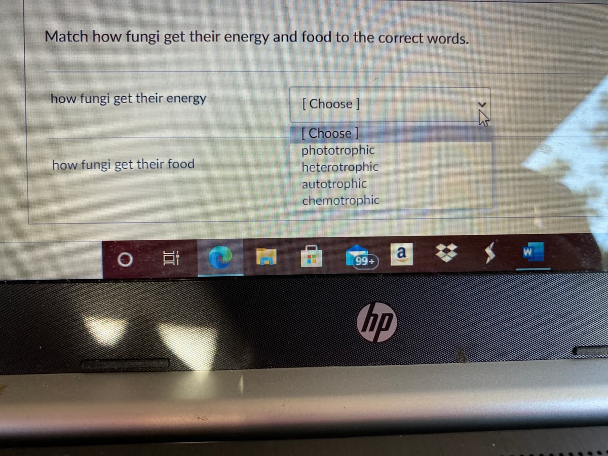 Match how fungi get their energy and food to the correct words.
how fungi get their energy
[Choose ]
[Choose]
phototrophic
heterotrophic
autotrophic
how fungi get their food
chemotrophic
a
99+
S 众
hp
