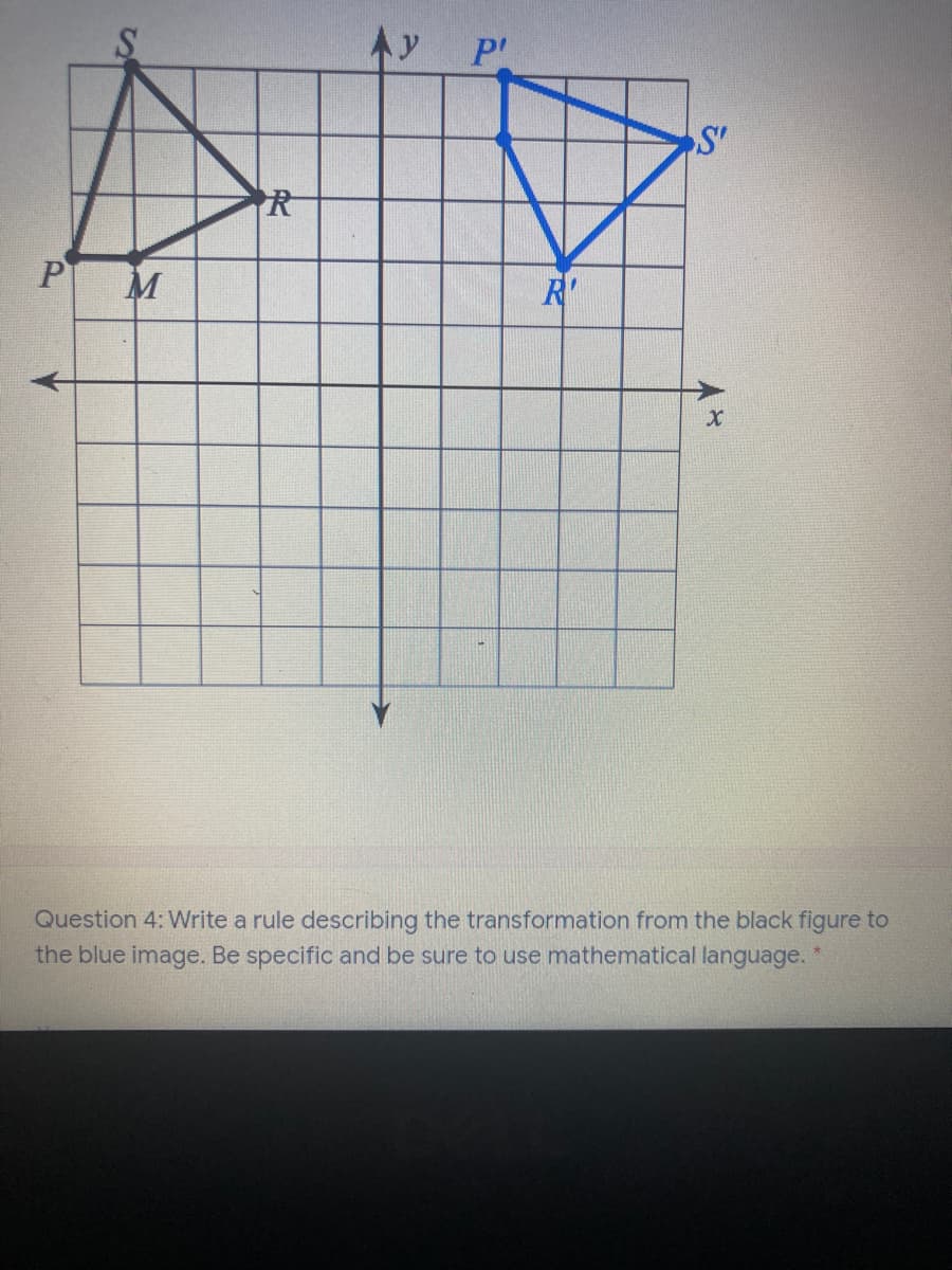 P'
S'
R
P
M
R'
Question 4: Write a rule describing the transformation from the black figure to
the blue image. Be specific and be sure to use mathematical language.
