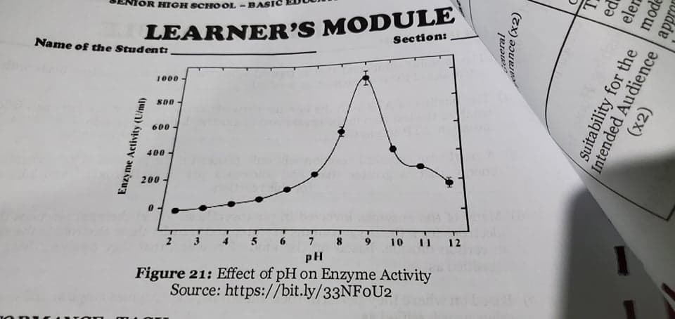 R HIGH SCHOOL - BASIC
LEARNER'S MODULE
Name of the Student:
Section:
1000
800
600
400
200
6.
7
10
12
pH
Figure 21: Effect of pH on Enzyme Activity
Source: https://bit.ly/33NFOU2
Enzyme Activity (U/ml)
seneral
arance (x2)
pa
elen
Intended Audience appr
Suitability for the
(x2)
