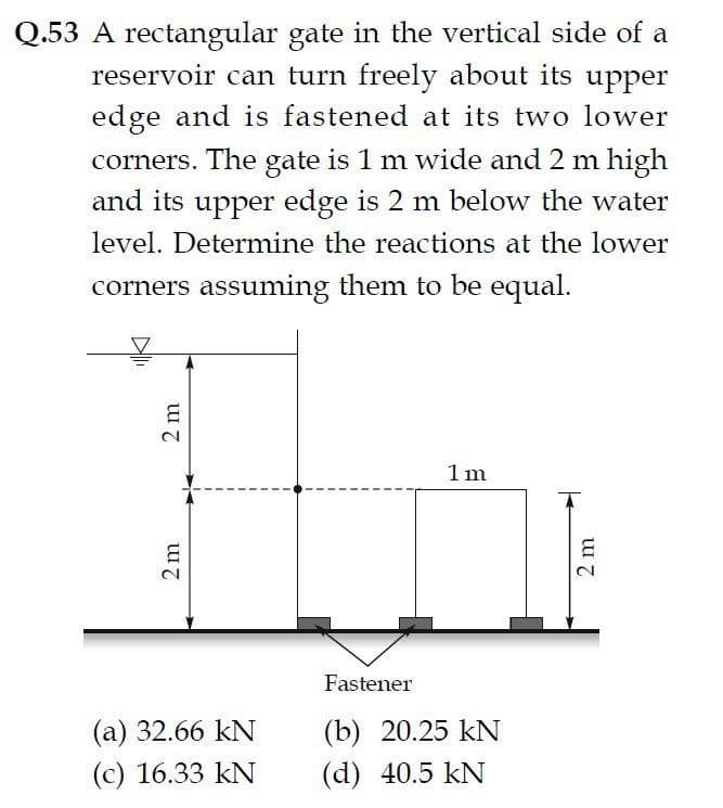 Q.53 A rectangular gate in the vertical side of a
reservoir can turn freely about its upper
edge and is fastened at its two lower
corners. The gate is 1 m wide and 2 m high
and its upper edge is 2 m below the water
level. Determine the reactions at the lower
corners assuming them to be equal.
2 m
2m
(a) 32.66 kN
(c) 16.33 kN
Fastener
1 m
(b) 20.25 kN
(d) 40.5 kN
2 m