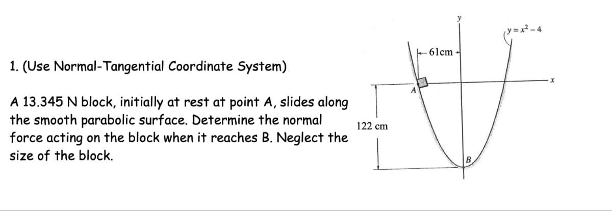 1. (Use Normal-Tangential Coordinate System)
A 13.345 N block, initially at rest at point A, slides along
the smooth parabolic surface. Determine the normal
force acting on the block when it reaches B. Neglect the
size of the block.
122 cm
61cm
(y=x²-4
X