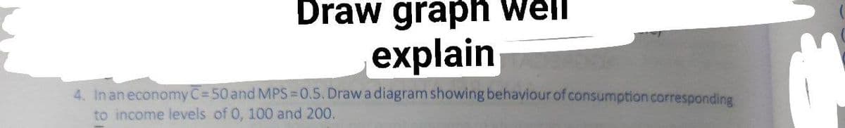 Draw graph well
explain
4. In an economy C=50 and MPS 0.5. Draw a diagram showing behaviour of consumption corresponding
to income levels of 0, 100 and 200.
