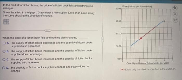 In the market for fiction books, the price of a fiction book falls and nothing else
changes.
Show the effect in the graph. Draw either a new supply curve or an arrow along
the curve showing the direction of change.
Price (dollars per fiction book)
120.00
90.00
60.00-
When the price of a fiction book falls and nothing else changes,
O A. the supply of fiction books decreases and the quantity of fiction books
supplied also decreases
30.00
O B. the supply of fiction books increases and the quantity of fiction books
supplied does not change
Oc. the supply of fiction books increases and the quantity of fiction books
supplied also increases
0.00-
Quantity (millions of fiction books per year)
O D. the quantity of fiction books supplied changes and supply does not
change
>>> Draw only the objects specified in the question
