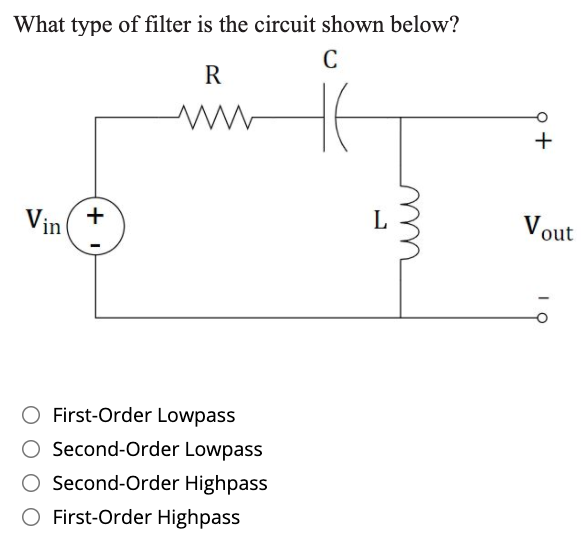 What type of filter is the circuit shown below?
C
R
ww
+
Vin
+
Vout
O First-Order Lowpass
O Second-Order Lowpass
Second-Order Highpass
First-Order Highpass
