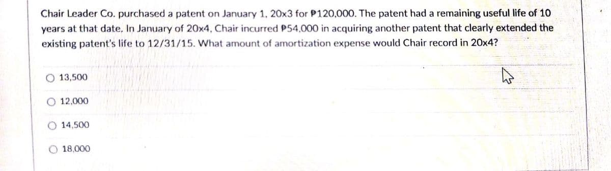 Chair Leader Co. purchased a patent on January 1. 20x3 for P120,000. The patent had a remaining useful life of 10
years at that date, In January of 20x4, Chair incurred P54,000 in acquiring another patent that clearly extended the
existing patent's life to 12/31/15. What amount of amortization expense would Chair record in 20x4?
O 13,500
O 12,000
14,500
O 18,000
