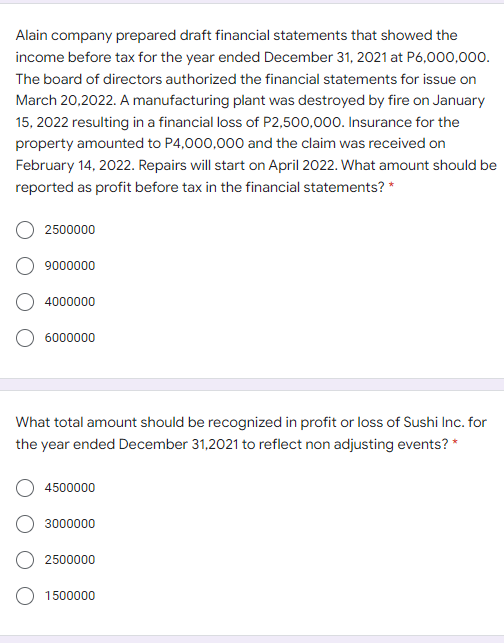 Alain company prepared draft financial statements that showed the
income before tax for the year ended December 31, 2021 at P6,000,000.
The board of directors authorized the financial statements for issue on
March 20,2022. A manufacturing plant was destroyed by fire on January
15, 2022 resulting in a financial loss of P2,500,000. Insurance for the
property amounted to P4,000,000 and the claim was received on
February 14, 2022. Repairs will start on April 2022. What amount should be
reported as profit before tax in the financial statements? *
2500000
9000000
4000000
6000000
What total amount should be recognized in profit or loss of Sushi Inc. for
the year ended December 31,2021 to reflect non adjusting events? *
4500000
3000000
2500000
1500000
