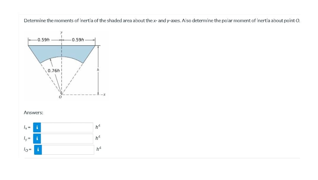 Determine the moments of inertia of the shaded area about thex- and y-axes. Also determine the polar moment of inertia about point O.
-0.59h
0.59h
0.76h
Answers:
Ix = i
h4
ly= i
h4
io = i
+4
