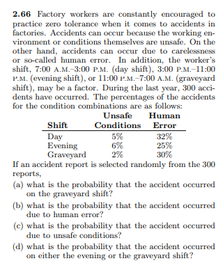 2.66 Factory workers are constantly encouraged to
practice zero tolerance when it comes to accidents in
factories. Accidents can occur because the working en-
vironment or conditions themselves are unsafe. On the
other hand, accidents can occur due to carelessness
or so-called human error. In addition, the worker's
shift, 7:00 A.M.-3:00 P.M. (day shift), 3:00 P.M.-11:00
P.M. (evening shift), or 11:00 P.M.-7:00 A.M. (graveyard
shift), may be a factor. During the last year, 300 acci-
dents have occurred. The percentages of the accidents
for the condition combinations are as follows:
Unsafe
Human
Shift
Day
Evening
Graveyard
Conditions Error
5%
6%
2%
If an accident report is selected randomly from the 300
32%
25%
30%
reports,
(a) what is the probability that the accident occurred
on the graveyard shift?
(b) what is the probability that the accident occurred
due to human error?
(c) what is the probability that the accident occurred
due to unsafe conditions?
(d) what is the probability that the accident occurred
on either the evening or the graveyard shift?
