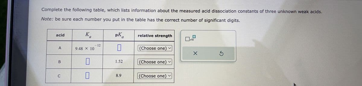 Complete the following table, which lists information about the measured acid dissociation constants of three unknown weak acids.
Note: be sure each number you put in the table has the correct number of significant digits.
acid
A
B
C
K₁
a
9.48 × 10
7
0
- 12
pK a
7
1.52
8.9
relative strength
(Choose one) ✓
(Choose one)
(Choose one)
x10
X
S