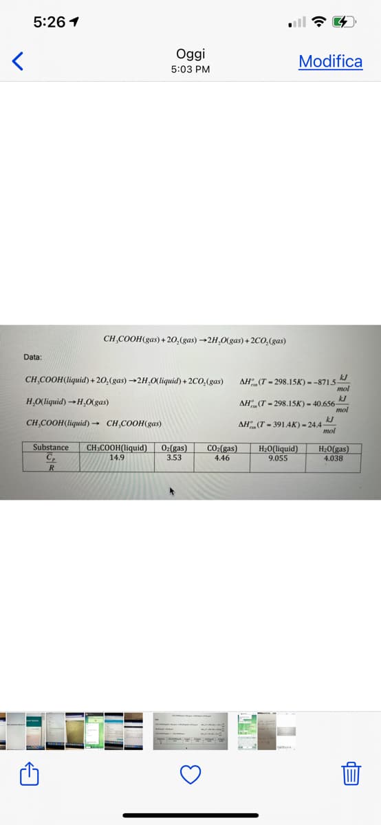 5:26 1
Oggi
Modifica
5:03 PM
CH,COOH(gas) + 20,(gas) →2H,0(gas) + 2CO,(gas)
Data:
CH,COOH(liquid)+ 20,(gas) →2H,0(liquid) + 2CO,(gas)
AH (T - 298.15K) = -871.5
mol
H,O(liquid)→H,O(gas)
kJ
Ан (Т - 298.15K) - 40.656
kJ
CH,COOH(liquid) → CH,COOH(gas)
Дн (Т - 3914к) -24.4-
mol
CH3COOH(liquid)
CO:(gas)
4.46
Substance
H20(liquid)
9.055
H20(gas)
C.
O2(gas)
3.53
14.9
4.038
