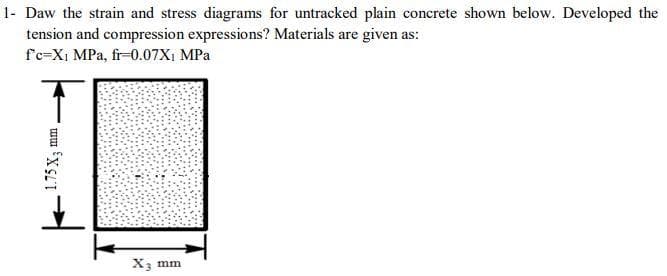 1- Daw the strain and stress diagrams for untracked plain concrete shown below. Developed the
tension and compression expressions? Materials are given as:
fc=Xi MPa, fr-0.07X1 MPa
X3 mm
1.75 X3 1
ww
