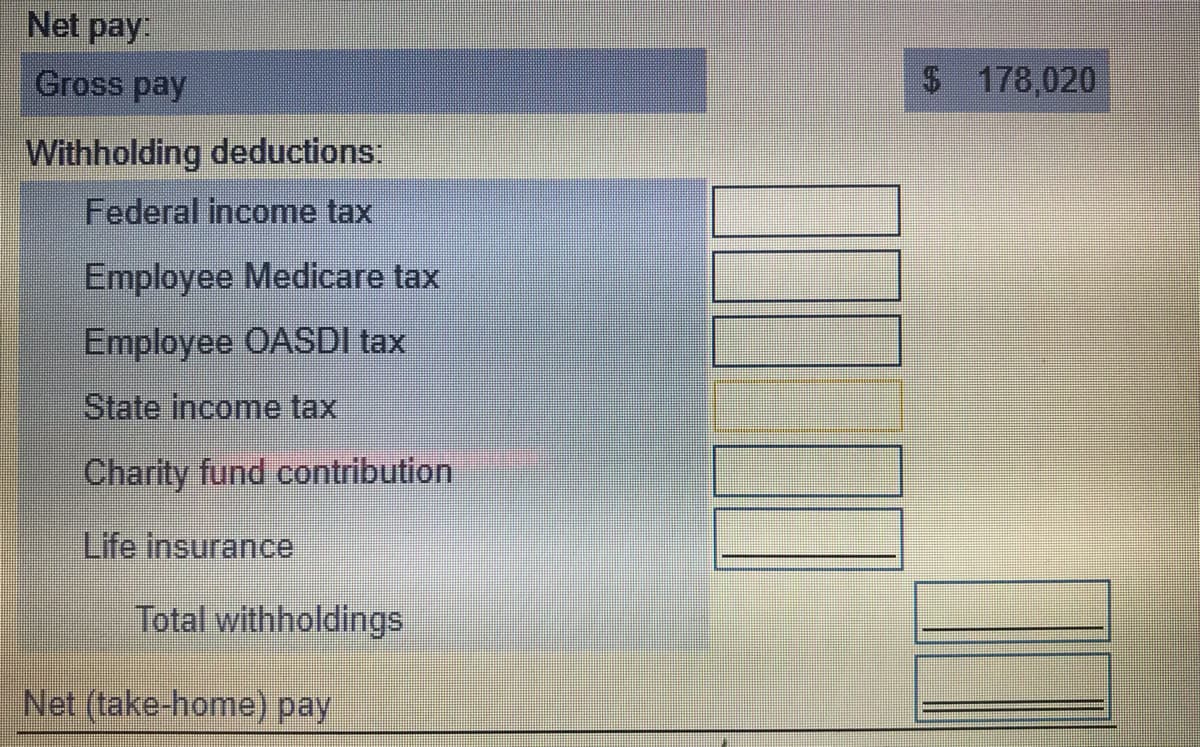 Net pay
Gross pay
$ 178,020
Withholding deductions:
Federal income tax
Employee Medicare tax
Employee OASDI tax
State income tax
Charity fund contribution
Life insurance
Total withholdings
Net (take-home) pay
