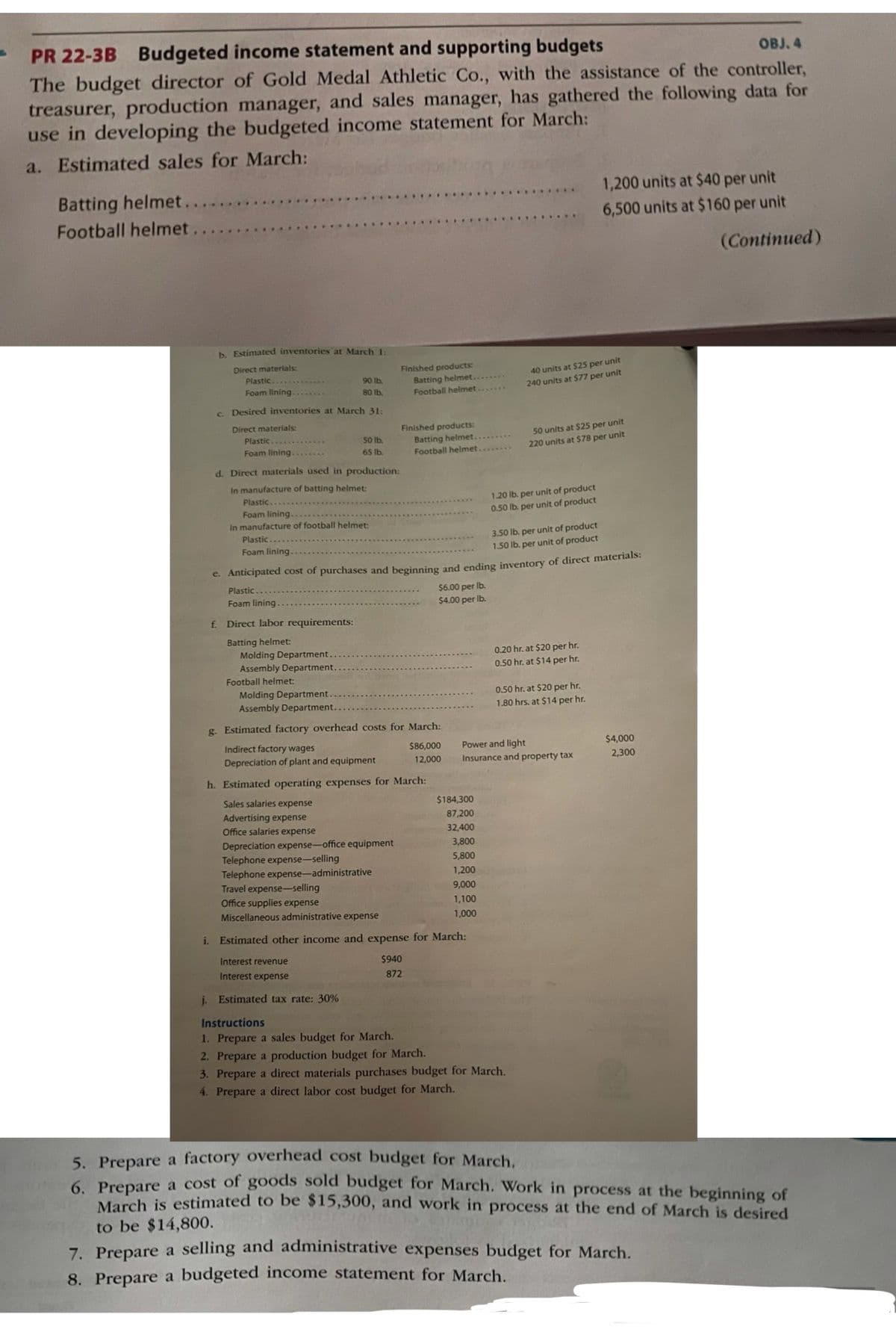 ---

### PR 22-3B: Budgeted Income Statement and Supporting Budgets

**Objective: 4**

The budget director of Gold Medal Athletic Co., with the assistance of the controller, treasurer, production manager, and sales manager, has gathered the following data for use in developing the budgeted income statement for March:

#### a. Estimated Sales for March:
- **Batting Helmet**: 1,200 units at $40 per unit
- **Football Helmet**: 6,500 units at $160 per unit

*(Continued)*

#### b. Estimated Inventories at March 1:
- **Direct Materials**:
  - Plastic: 90 lbs
  - Foam Lining: 80 lbs
- **Finished Products**:
  - Batting Helmet: 40 units at $25 per unit
  - Football Helmet: 240 units at $77 per unit

#### c. Desired Inventories at March 31:
- **Direct Materials**:
  - Plastic: 50 lbs
  - Foam Lining: 65 lbs
- **Finished Products**:
  - Batting Helmet: 50 units at $25 per unit
  - Football Helmet: 220 units at $77 per unit

#### d. Direct Materials Used in Production:
In manufacture of batting helmet:
- Plastic: 1.20 lbs per unit of product
- Foam Lining: 0.50 lbs per unit of product

In manufacture of football helmet:
- Plastic: 3.50 lbs per unit of product
- Foam Lining: 1.50 lbs per unit of product

#### e. Anticipated Cost of Purchases and Beginning and Ending Inventory of Direct Materials:
- Plastic: $6.00 per lb
- Foam Lining: $4.00 per lb

#### f. Direct Labor Requirements:
- **Batting Helmet**:
  - Molding Department: 0.20 hr. at $20 per hr.
  - Assembly Department: 0.50 hr. at $14 per hr.

- **Football Helmet**:
  - Molding Department: 0.50 hr. at $20 per hr.
  - Assembly Department: 1.80 hrs. at $14 per hr.

#### g. Estimated Factory Overhead Costs for March:
- Indirect factory wages: $86,000
- Depreciation of plant and equipment: $12,000
-