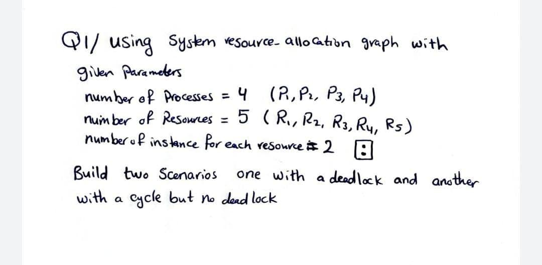 QI/ using System vesource- allo Gation graph with
given Parameters
number of Processes = 4 (R,Pı, P3, Py)
num ber of Resoures
number of instance for each resource i 2 :
5 ( R, R2, R3, Ry, Rs)
%3D
Build two Scenarios
one with a deadlock and another
with a cycle but no dead lock
