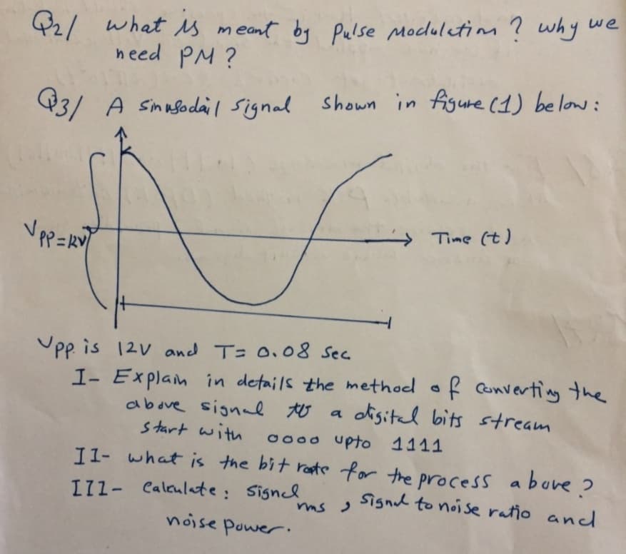 42/ what s meant by Palse Moduletin ? why we
need PM ?
shown in figure(d) below:
@3/ A Smnsodal signal
Time (t)
Upp is 12v and T= 0,08 Sec
I- Explain in details the method of converting the
above signal to a
start with
oisital bits stream
0o00 upto 1111
I1- what is the bit reate for the process a bure ?
I71- Caleulate: Signcl
noise power
ms signal to noi se ratio and
