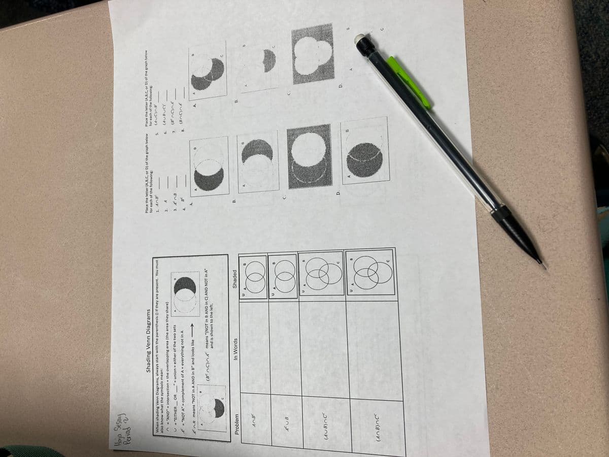 Haja Sesay
Period 2
Shading Venn Diagrams
When shading Venn Diagrams, always start with the parenthesis () if they are present. You must
also know what the symbols mean:
n
= "AND" = intersection = the overlapping area (the area they share)
OR
U = "EITHER
_" = union = either of the two sets
A = "NOT A" = complement of A = everything not in A
AR means "NOT in A AND in B" and looks like -
Problem
ABC
AC UB
(AUB) CC
(ANB) C
(BCC) A means "(NOT in B AND in C) AND NOT in A"
and is shown to the left.
In Words
Shaded
@
U
B
B
e
U A
B
B
Place the letter (A,B,C, or D) of the graph below
for each of the following:
1. ABC
2.
A
3. AB
BC
4.
B.
D.
B
8
B
5.
6.
7.
8.
8
Place the letter (A,B,C, or D) of the graph below
for each of the following:
(AUC) B
(AUBUC)
(BCC) A
(BOC) A
A.
B.
D.
B
B
C
B
C
B
C