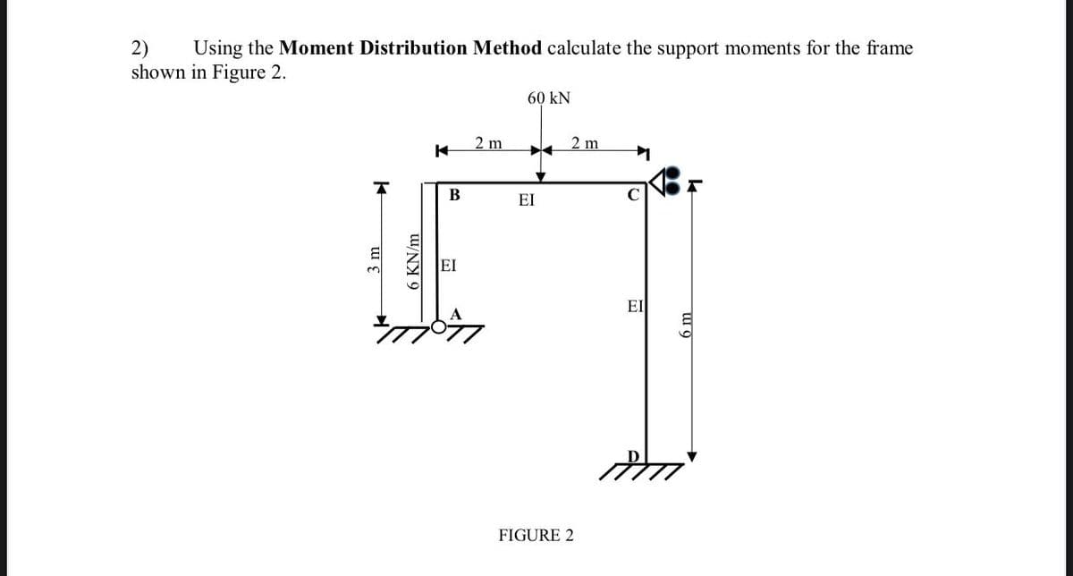 Using the Moment Distribution Method calculate the support moments for the frame
2)
shown in Figure 2.
60 kN
2 m
2 m
В
EI
EI
EI
FIGURE 2
6 KN/m
6 m
