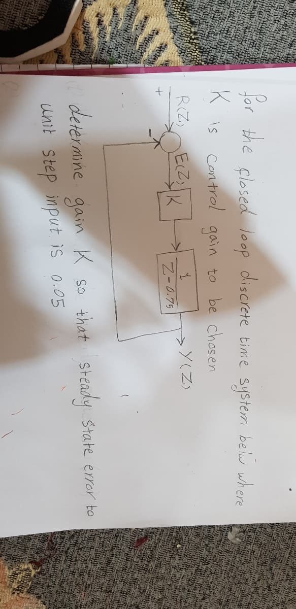 for the closed loop discrete time system belw where
K is control gain to be chosen
RIZ ElO K
Z-0.75
determine gK so that steady State error to
gain
unit Step input is 0.05
