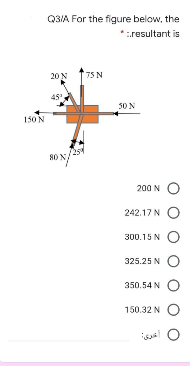 Q3/A For the figure below, the
* :.resultant is
20 N
75 N
450
50 N
150 N
259
80 N
200 N
242.17 N
300.15 N
325.25 N
350.54 N
150.32 N
أخرى
