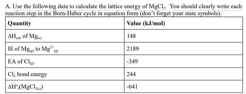 A. Use the following data to calculate the lattice energy of MgCl₂. You should clearly write each
reaction step in the Born-Haber cycle in equation form (don't forget your state symbols).
Quantity
Value (kJ/mol)
AH sub of Mg(s)
148
IE of Mg(g) to Mg2+
2189
EA of Cl(g)
Cl₂ bond energy
AH (MgCl₂(s))
-349
244
-641