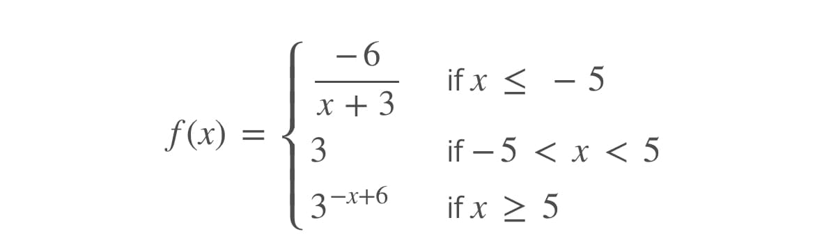 f(x) =
-6
x + 3
3
3-x+6
if x < -5
if -5 < x < 5
if x > 5