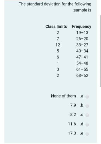 The standard deviation for the following
:sample is
Class limits Frequency
2
19-13
26-20
12
33-27
5
40-34
6.
47-41
1.
54-48
61-55
2
68-62
None of them .a
7.9 b
8.2 .C
11.6 .d
17.3 .e
