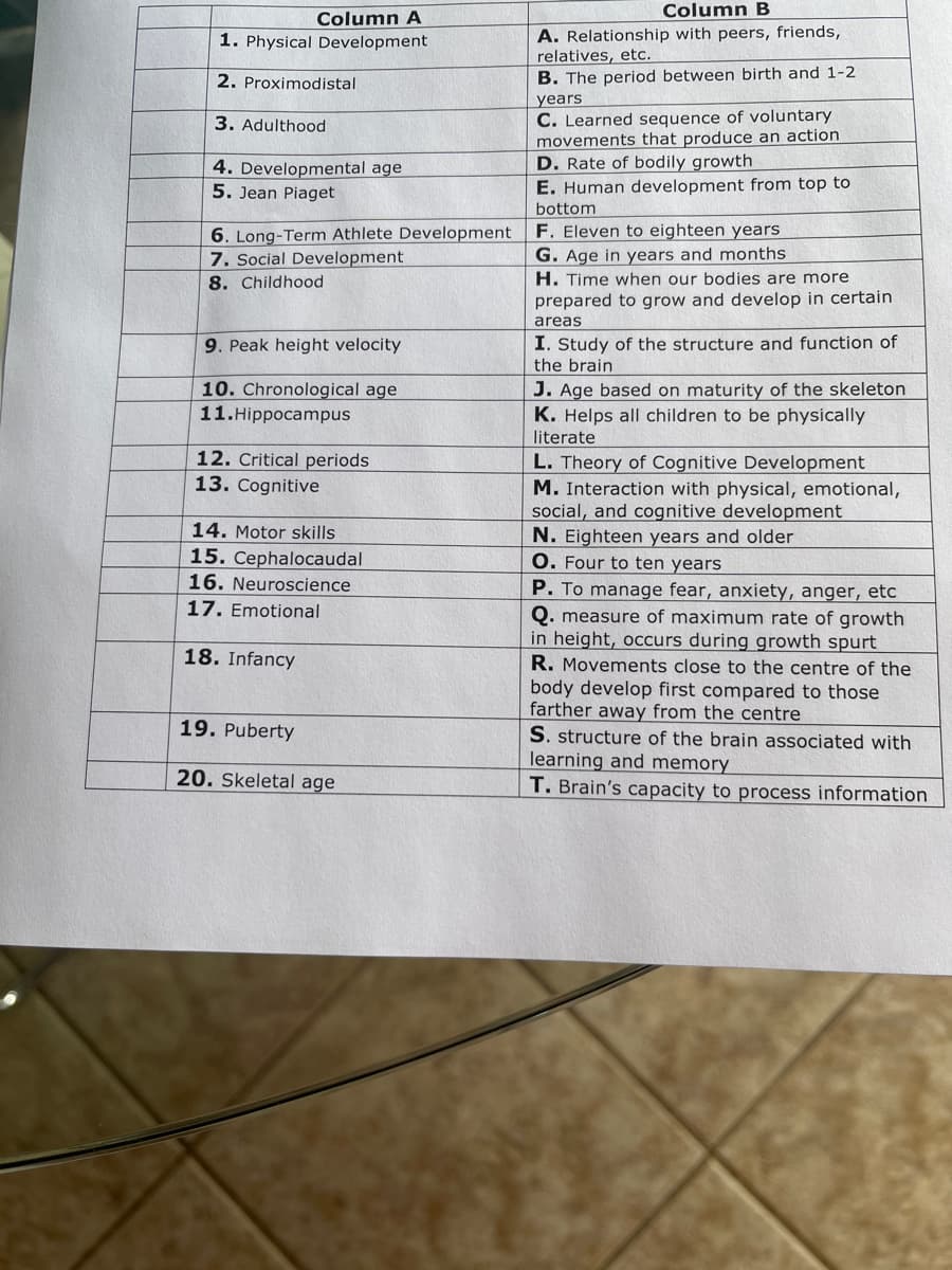 Column B
Column A
A. Relationship with peers, friends,
relatives, etc.
B. The period between birth and 1-2
1. Physical Development
2. Proximodistal
years
C. Learned sequence of voluntary
movements that produce an action
D. Rate of bodily growth
E. Human development from top to
bottom
F. Eleven to eighteen years
G. Age in years and months
H. Time when our bodies are more
3. Adulthood
4. Developmental age
5. Jean Piaget
6. Long-Term Athlete Development
7. Social Development
8. Childhood
prepared to grow and develop in certain
areas
9. Peak height velocity
I. Study of the structure and function of
the brain
10. Chronological age
11.Hippocampus
J. Age based on maturity of the skeleton
K. Helps all children to be physically
literate
12. Critical periods
13. Cognitive
L. Theory of Cognitive Development
M. Interaction with physical, emotional
social, and cognitive development
N. Eighteen years and older
O. Four to ten years
P. To manage fear, anxiety, anger, etc
Q. measure of maximum rate of growth
in height, occurs during growth spurt
R. Movements close to the centre of the
body develop first compared to those
farther away from the centre
S. structure of the brain associated with
learning and memory
T. Brain's capacity to process information
14. Motor skills
15. Cephalocaudal
16. Neuroscience
17. Emotional
18. Infancy
19. Puberty
20. Skeletal age
