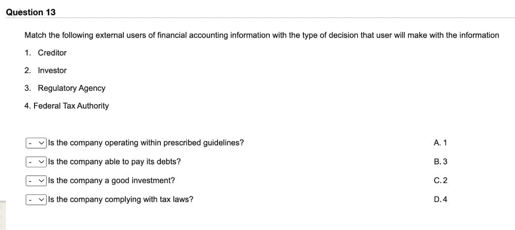 Question 13
Match the following external users of financial accounting information with the type of decision that user will make with the information
1. Creditor
2. Investor
3. Regulatory Agency
4. Federal Tax Authority
Is the company operating within prescribed guidelines?
Is the company able to pay its debts?
Is the company a good investment?
Is the company complying with tax laws?
A. 1
B. 3
C.2
D.4