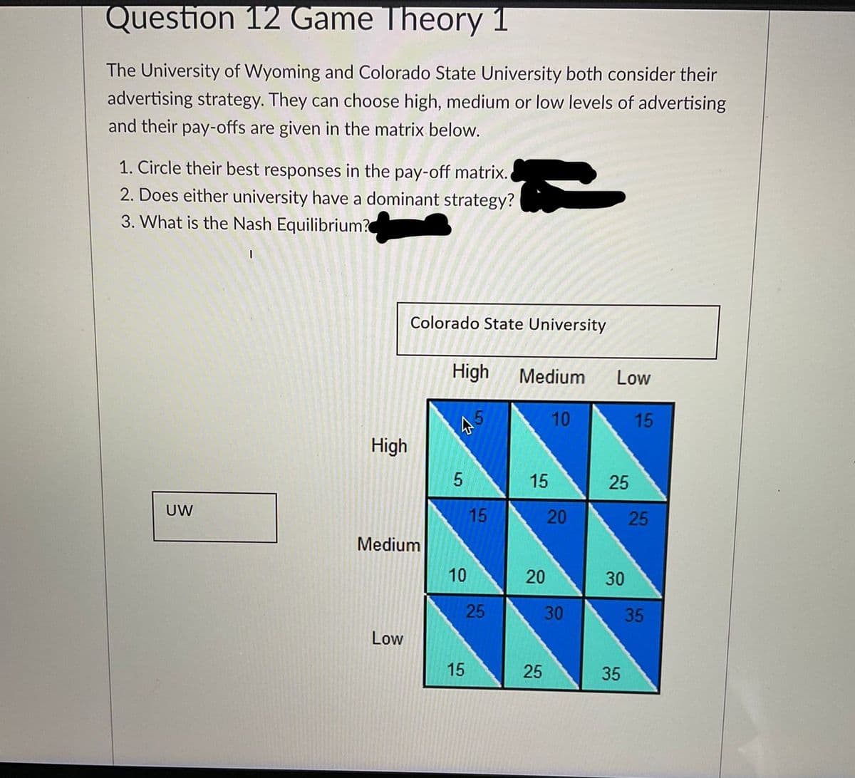 Question 12 Game Theory 1
The University of Wyoming and Colorado State University both consider their
advertising strategy. They can choose high, medium or low levels of advertising
and their pay-offs are given in the matrix below.
1. Circle their best responses in the pay-off matrix.
2. Does either university have a dominant strategy?
3. What is the Nash Equilibrium?
Colorado State University
High
Medium
Low
10
15
45
High
15
UW
15
Medium
10
30
25
35
Low
15
35
25
25
20
30
20
25
