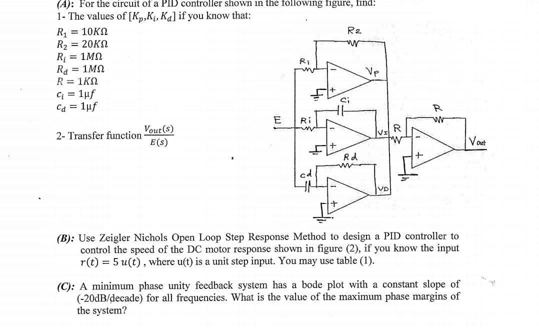 (A): For the circuit of a PID controller shown in the following figure, find:
1- The values of [Kp,Ki, Ka] if you know that:
R1 = 10ΚΩ
R₂
wy
R2 = 20ΚΩ
R₁ = 1ΜΩ
Ra = 1M9
R = 1KΩ
RI
C₁ = 1uf
Ca = 1uf
Ri
2- Transfer function
Vout(s)
E(S)
Vout
+
ww
cd
(B): Use Zeigler Nichols Open Loop Step Response Method to design a PID controller to
control the speed of the DC motor response shown in figure (2), if you know the input
r(t) = 5 u(t), where u(t) is a unit step input. You may use table (1).
(C): A minimum phase unity feedback system has a bode plot with a constant slope of
(-20dB/decade) for all frequencies. What is the value of the maximum phase margins of
the system?
E
Ci
Rd
Vp
R
R
W