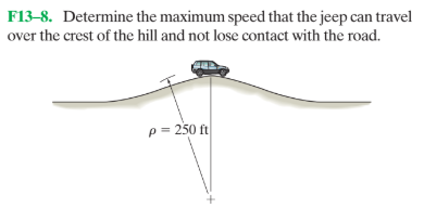 F13–8. Determine the maximum speed that the jeep can travel
over the crest of the hill and not lose contact with the road.
p = 250 ft
