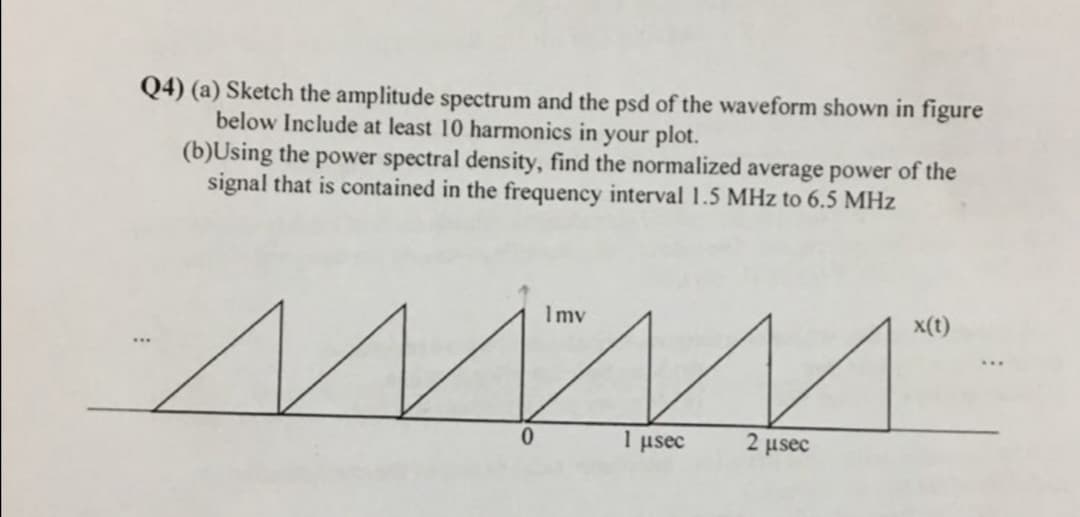 Q4) (a) Sketch the amplitude spectrum and the psd of the waveform shown in figure
below Include at least 10 harmonics in your plot.
(b)Using the power spectral density, find the normalized average power of the
signal that is contained in the frequency interval 1.5 MHz to 6.5 MHz
Imv
x(t)
0.
1 usec
2 usec
