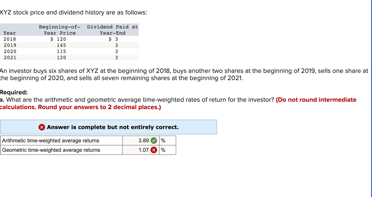 XYZ stock price and dividend history are as follows:
Year
2018
2019
2020
2021
Beginning-of-
Year Price
$ 120
145
115
120
Dividend Paid at
Year-End
$ 3
3
3
3
An investor buys six shares of XYZ at the beginning of 2018, buys another two shares at the beginning of 2019, sells one share at
the beginning of 2020, and sells all seven remaining shares at the beginning of 2021.
Required:
a. What are the arithmetic and geometric average time-weighted rates of return for the investor? (Do not round intermediate
calculations. Round your answers to 2 decimal places.)
X Answer is complete but not entirely correct.
Arithmetic time-weighted average returns
Geometric time-weighted average returns
3.89
%
1.07 X %