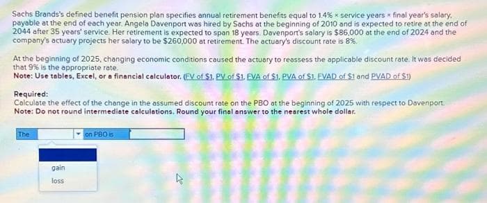 Sachs Brands's defined benefit pension plan specifies annual retirement benefits equal to 1.4% service years final year's salary,
payable at the end of each year. Angela Davenport was hired by Sachs at the beginning of 2010 and is expected to retire at the end of
2044 after 35 years' service. Her retirement is expected to span 18 years. Davenport's salary is $86,000 at the end of 2024 and the
company's actuary projects her salary to be $260,000 at retirement. The actuary's discount rate is 8%.
At the beginning of 2025, changing economic conditions caused the actuary to reassess the applicable discount rate. It was decided
that 9% is the appropriate rate.
Note: Use tables, Excel, or a financial calculator. (EV of $1, PV of $1. FVA of $1. PVA of $1. FVAD of $1 and PVAD of $1)
Required:
Calculate the effect of the change in the assumed discount rate on the PBO at the beginning of 2025 with respect to Davenport.
Note: Do not round intermediate calculations. Round your final answer to the nearest whole dollar.
on PBO is
The
gain
loss