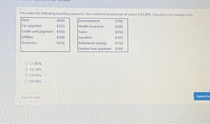 You make the following monthly payments. Your total net income (net of taxes) is $4,000. Calculate your savings ratio,
Rent
$600
Entertainment
$300
Car payment
$253
$500
Credit card payment $100
$450
Utilities
$200
$185
Groceries
$250
$150
$300
O 17.80%.
16.18%.
© 29.05%.
O 29.48%.
man You spend
Save for Later
Health insurance
Taxes
Gasoline
Retirement savings
Student loan payment
Submit An