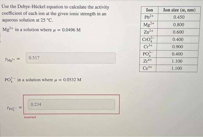 Use the Debye-Hückel equation to calculate the activity
coefficient of each ion at the given ionic strength in an
aqueous solution at 25 °C.
Mg2+ in a solution where μ = 0.0496 M
YMg²+
0.517
PO in a solution where μ = 0.0532 M
YPO,
0.234
Incorrect
Ion
Pb²+
Mg2+
Zn²+
Cro
Cr³+
PO3-
Zr4+
Ce4+
Ion size (a, nm)
0.450
0.800
0.600
0.400
0.900
0.400
1.100
1.100