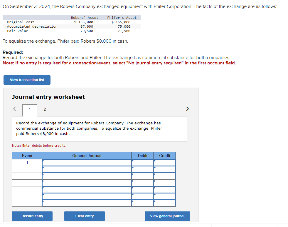 On September 3, 2024, the Robers Company exchanged equipment with Phifer Corporation. The facts of the exchange are as follows:
Phifer's Asset
$ 155,000
75,000
71,500
To equalize the exchange, Phifer paid Robers $8,000 in cash.
Original cost
Accumulated depreciation
Fair value
Required:
Record the exchange for both Robers and Phifer. The exchange has commercial substance for both companies.
Note: If no entry is required for a transaction/event, select "No journal entry required" in the first account field.
View transaction list
Journal entry worksheet
<
1
Robers' Asset
$ 135,000
67,000
79,500
2
Record the exchange of equipment for Robers Company. The exchange has
commercial substance for both companies. To equalize the exchange, Phifer
paid Robers $8,000 in cash.
Note: Enter debits before credits.
Event
1
Record entry
General Journal
Clear entry
Debit
Credit
View general journal
>