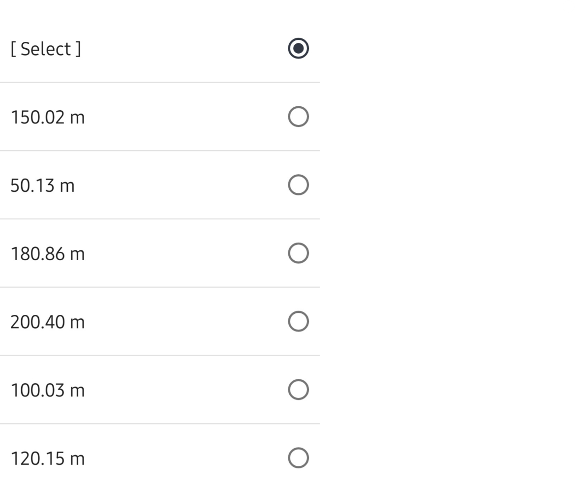 [Select]
150.02 m
50.13 m
180.86 m
200.40 m
100.03 m
120.15 m
O
O
O