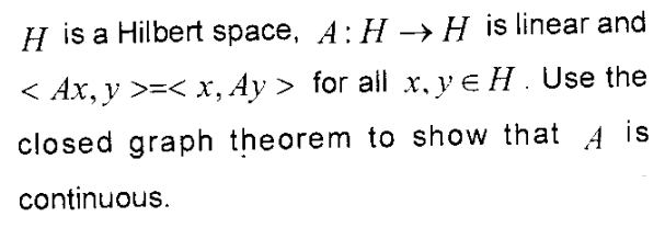 H is a Hilbert space, A: H → H is linear and
< Ax, y >=< x, Ay > for ail x, y e H. Use the
closed graph theorem to show that A is
continuous.
