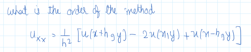 what is the order of the method
Uxx
I
62
₂ [u(x+hgy) - 2u(my) +u(n-h₂y)]