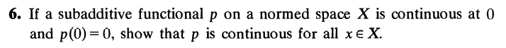 6. If a subadditive functional p on a normed space X is continuous at ()
and p(0) = 0, show that p is continuous for all x € X.