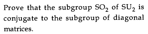 Prove that the subgroup SO2 of SU2 is
conjugate to the subgroup of diagonal
matrices.